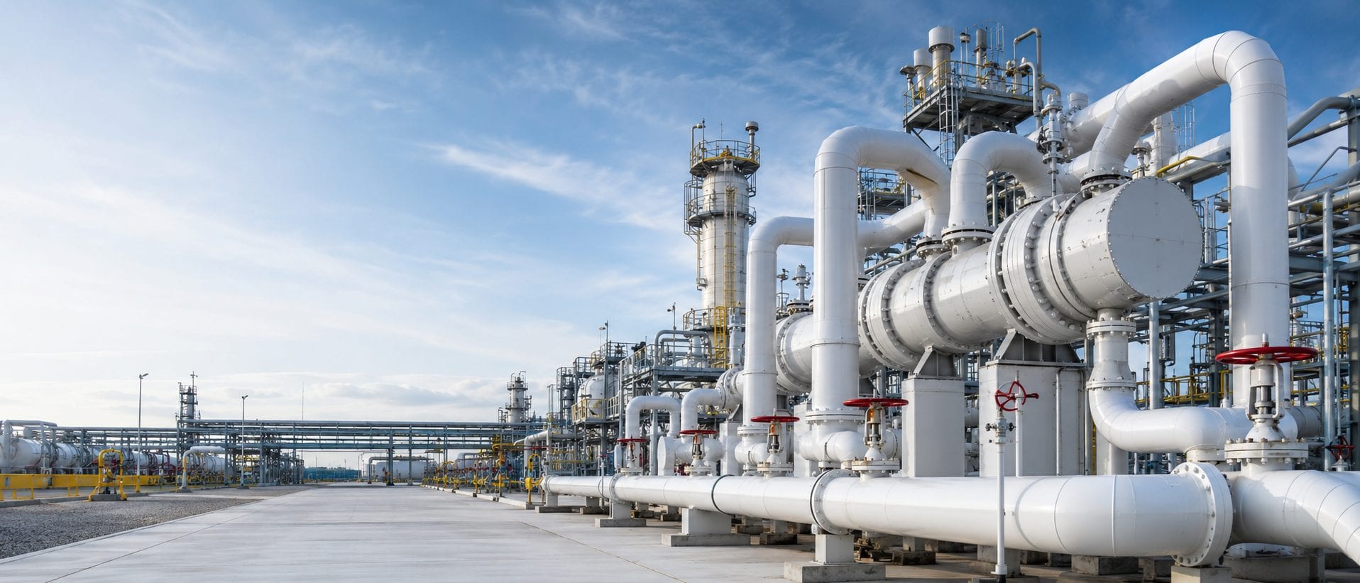 Large stainless-steel process pipework and pressure-relief stations at a heavy industrial site.