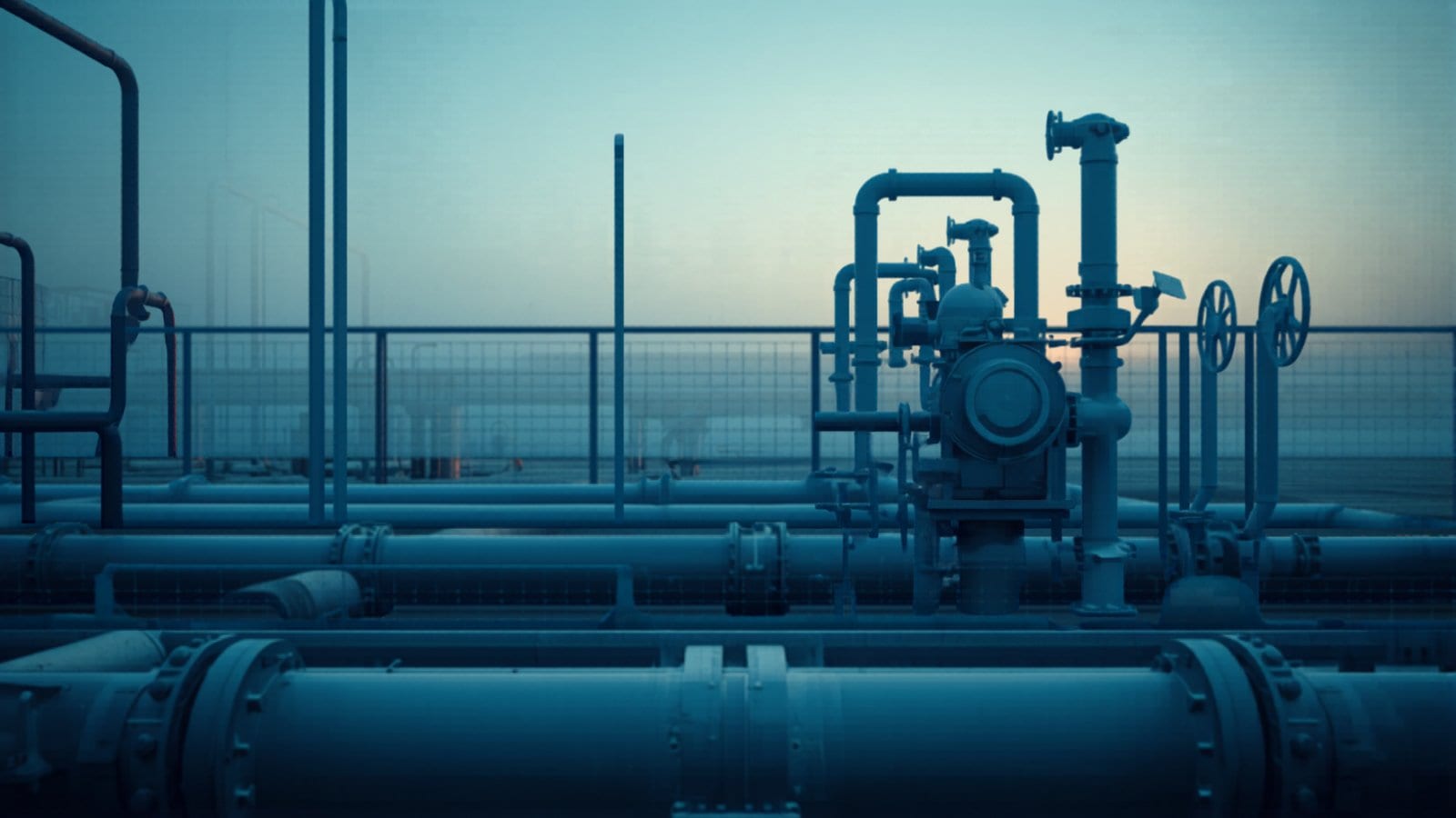 Pump station valves and pipework at twilight at a UAE utilities facility.